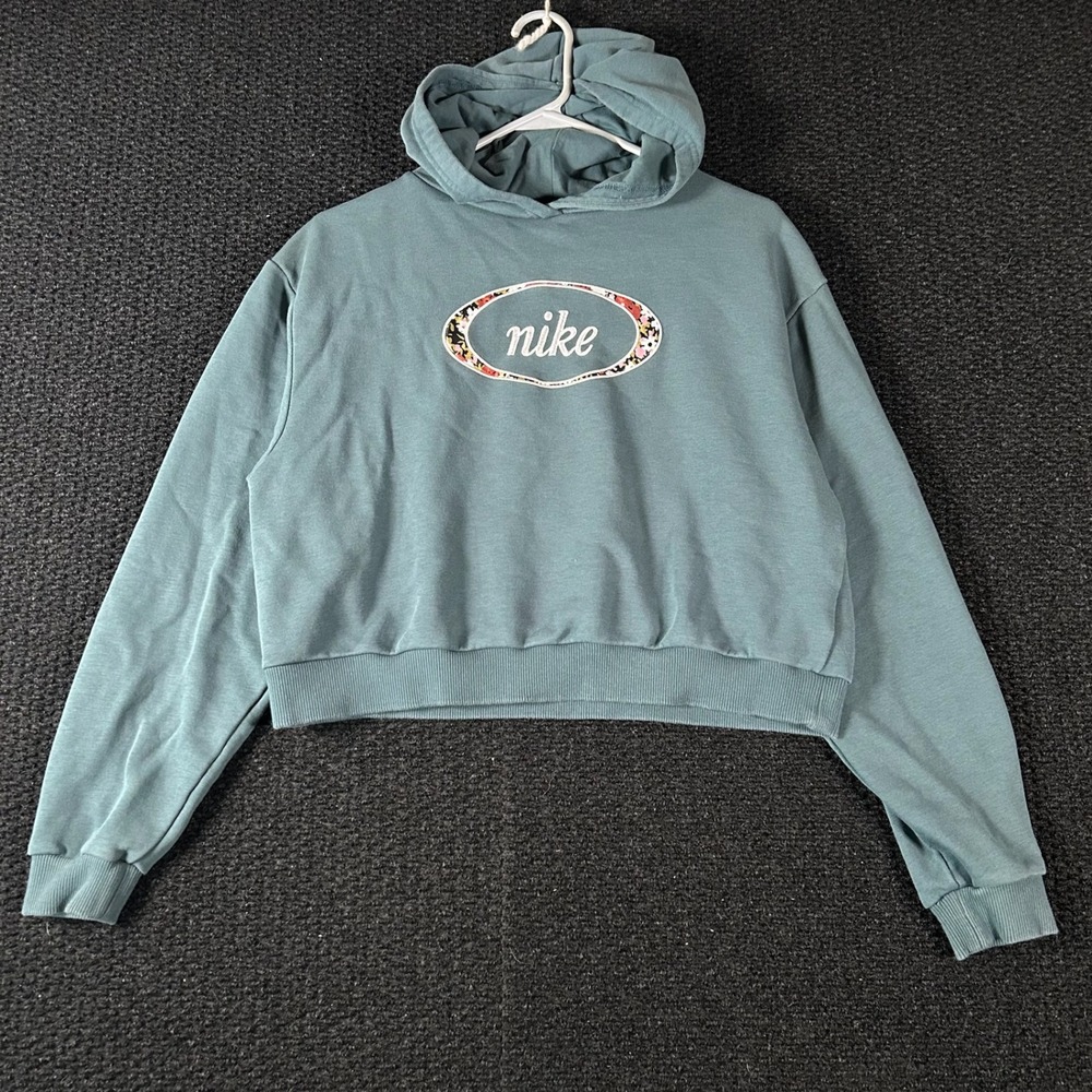 Nike Women's Crop Hoodie Small‎ Blue Green Floral Script Logo Pullover Sweater